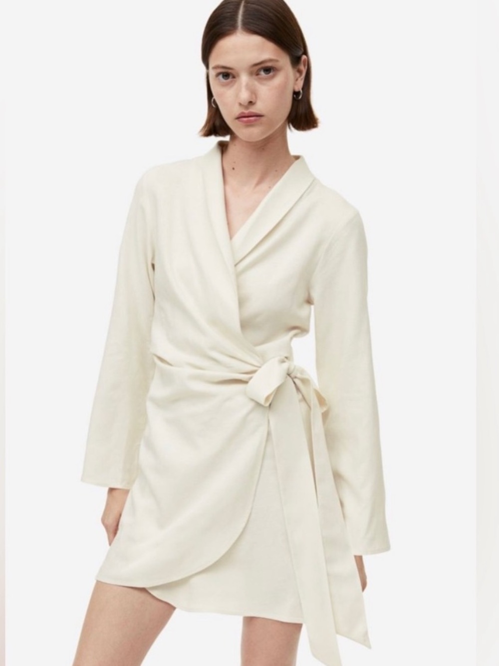 H&M Dress Linen Blend Ivory Cream Wrap Classic Beach Resort Tropical